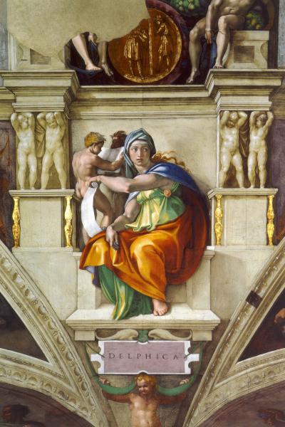 'Michelangelo - Delphic Sibyl' by Michelangelo Buonarroti - See below.. Licensed under Public domain via Wikimedia Commons - http://commons.wikimedia.org/wiki/File:Michelangelo_-_Delphic_Sibyl.jpg#mediaviewer/File:Michelangelo_-_Delphic_Sibyl.jpg