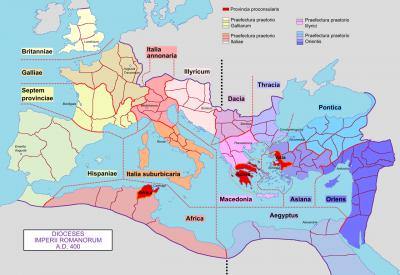 'Roman Empire with dioceses in 400 AD' by Mandrak - Own work. Licensed under Public domain via Wikimedia Commons - http://commons.wikimedia.org/wiki/File:Roman_Empire_with_dioceses_in_400_AD.png#mediaviewer/File:Roman_Empire_with_dioceses_in_400_AD.png