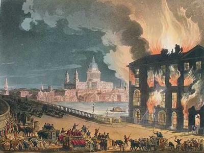 'Firefighters Microcosm edited' by Thomas Rowlandson (1756–1827) and Augustus Charles Pugin (1762–1832) (after) John Bluck (fl. 1791–1819), Joseph Constantine Stadler (fl. 1780–1812), Thomas Sutherland (1785–1838), J. Hill, and Harraden (aquatint engravers) - Engraving was published as Plate 35 of Microcosm of London (1808). Licensed under Public domain via Wikimedia Commons - http://commons.wikimedia.org/wiki/File:Firefighters_Microcosm_edited.jpg#mediaviewer/File:Firefighters_Microcosm_edited.jpg