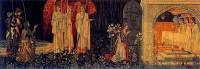 'Galahad grail' by Sir Edward Burne-Jones, overall design and figures; William Morris, overall design and execution; John Henry Dearle, flowers and decorative details. - Unknown. Licensed under Public domain via Wikimedia Commons - https://commons.wikimedia.org/wiki/File:Galahad_grail.jpg#mediaviewer/File:Galahad_grail.jpg