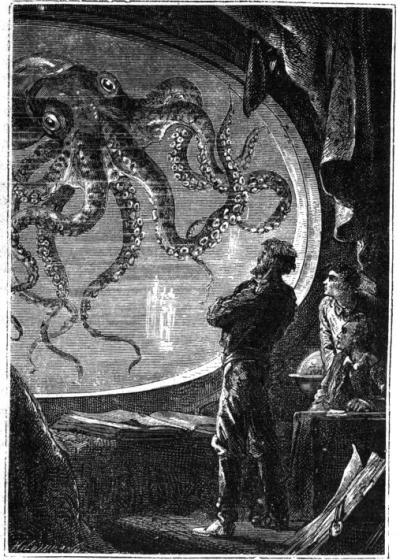 « 20000 squid Nautilus viewbay » par Alphonse de Neuville and Edouard Riou — This image was originally featured in the Hetzel edition (1870) of 20000 Lieues Sous les Mers, and has also been featured in more recent editions (this particular instance was scanned in from a recent edition).. Sous licence Domaine public via Wikimedia Commons - https://commons.wikimedia.org/wiki/File:20000_squid_Nautilus_viewbay.jpg#/media/File:20000_squid_Nautilus_viewbay.jpg
