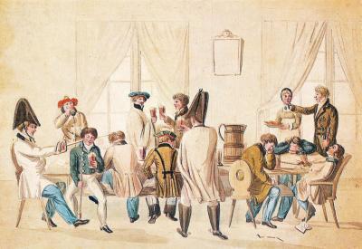 „Studentische Kneipszene um 1810“ von Unbekannt - Unbekannt. Lizenziert unter Gemeinfrei über Wikimedia Commons - http://commons.wikimedia.org/wiki/File:Studentische_Kneipszene_um_1810.jpg#mediaviewer/File:Studentische_Kneipszene_um_1810.jpg