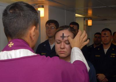 'US Navy 080206-N-7869M-057 Electronics Technician 3rd Class Leila Tardieu receives the sacramental ashes during an Ash Wednesday celebration' by U.S. Navy photo by Mass Communication Specialist 3rd Class Brian May - This Image was released by the United States Navy with the ID 080206-N-7869M-057 (next).This tag does not indicate the copyright status of the attached work. A normal copyright tag is still required. See Commons:Licensing for more information.বাংলা | Deutsch | English | español | euskara | فارسی | français | italiano | 日本語 | 한국어 | македонски | മലയാളം | Plattdüütsch | Nederlands | polski | português | Türkçe | 中文 | 中文(简体) | +/−. Licensed under Public Domain via Wikimedia Commons - http://commons.wikimedia.org/wiki/File:US_Navy_080206-N-7869M-057_Electronics_Technician_3rd_Class_Leila_Tardieu_receives_the_sacramental_ashes_during_an_Ash_Wednesday_celebration.jpg#mediaviewer/File:US_Navy_080206-N-7869M-057_Electronics_Technician_3rd_Class_Leila_Tardieu_receives_the_sacramental_ashes_during_an_Ash_Wednesday_celebration.jpg